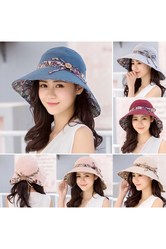Sun Hat Fashion Print Wide Brim Temperament Foldable Anti Sun Cap for Beach