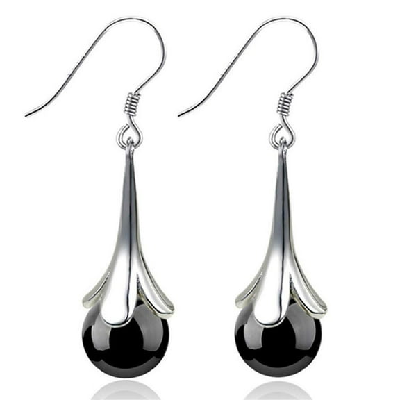 Yesbay Trumpet Flower Faux Moonstone Long Dangle Women Hook Earrings Jewelry,Black