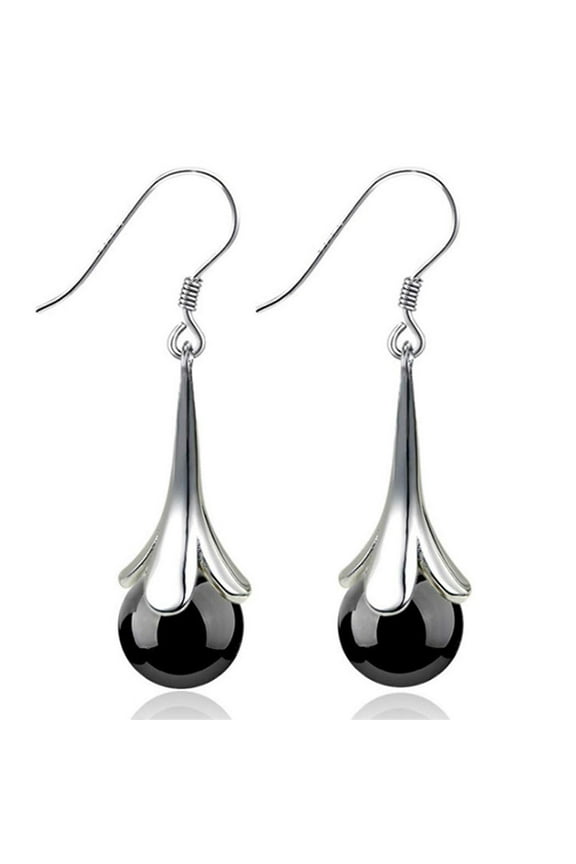 Trumpet Flower Faux Moonstone Long Dangle Women Hook Earrings Jewelry,Black