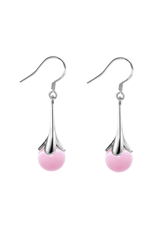 Trumpet Flower Faux Moonstone Long Dangle Women Hook Earrings Jewelry,Pink