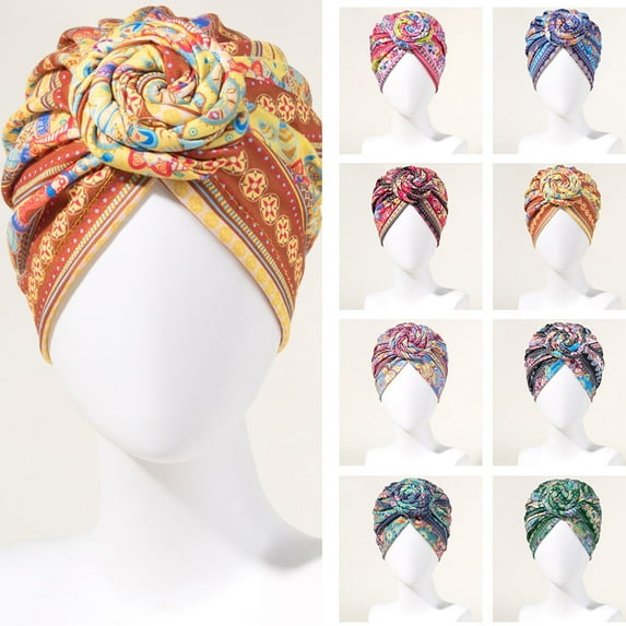 Yesbay Turban Cap Twisted Retro Print Stretchy Comfortable Super Soft Hide Hair Breathable Bohemia Pre-Tied Bonnet Women Beanie Hat for Daily Life