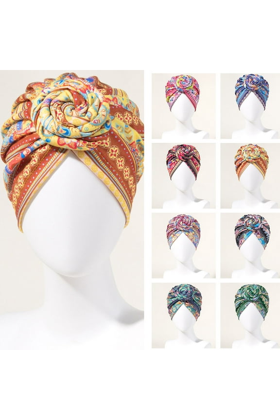 Turban Cap Twisted Retro Print Stretchy Comfortable Super Soft Hide Hair Breathable Bohemia Pre-Tied Bonnet Women Beanie Hat for Daily Life