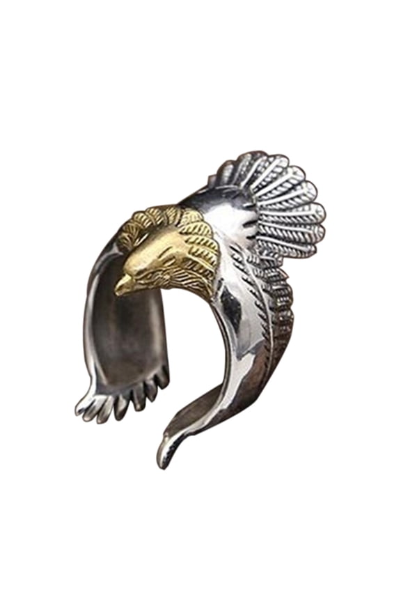 Unique Flying Eagle Biker Ring Cool Punk Men's Animal Vintage Open Ring Jewelry-Silver + Golden