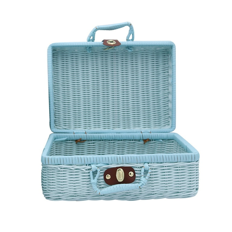 Yesbay Vintage Rattan Woven Storage Case Makeup Holder Suitcase Sundries Organizer Box Sky Blue Size Small