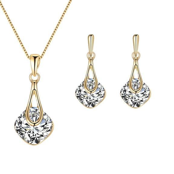 Yesbay Water Drop Pendant Square Rhinestone Ear Stud Earrings Necklace Lady Jewelry Set-Golden