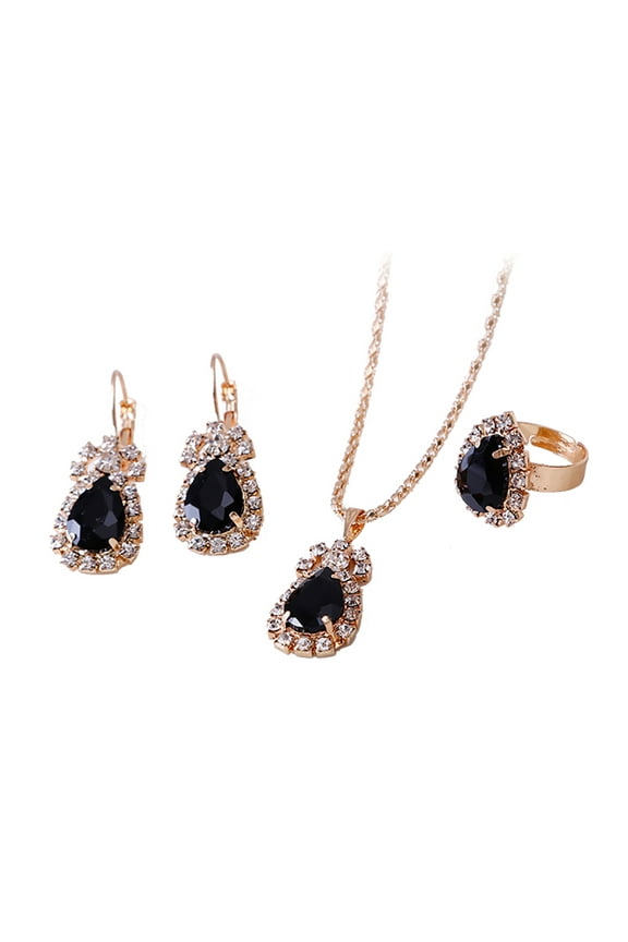 Waterdrop Shiny Rhinestones Necklace Ring Earrings Women Jewelry Set-Black