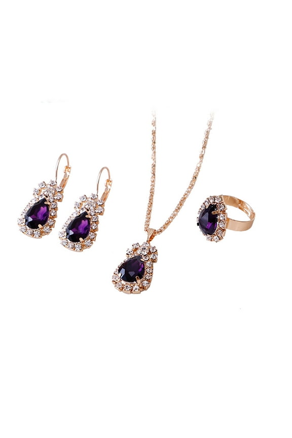 Waterdrop Shiny Rhinestones Necklace Ring Earrings Women Jewelry Set-Dark Purple