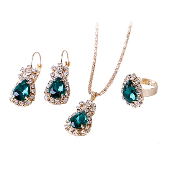 Yesbay Waterdrop Shiny Rhinestones Necklace Ring Earrings Women Jewelry Set,Green