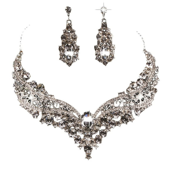 Yesbay Wedding Bridal Queen Style Fully Shiny Rhinestone Necklace Earrings Jewelry Set,Silver