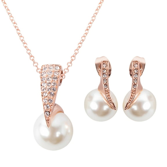 Yesbay Wedding Jewelry Set Bride Rose Gold Crystal Faux Pearl Pendant Necklace Earrings,Jewelry Set