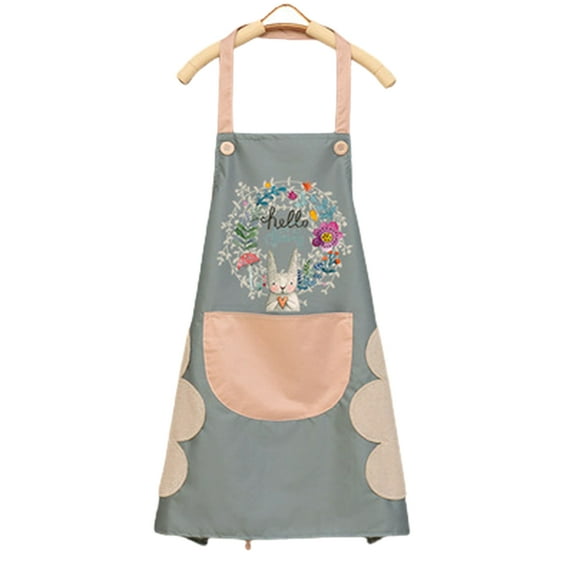 Yesbay Wipeable Waterproof Oil-Proof Cartoon Wreath Rabbit Kitchen Nail Shop Apron,Blue
