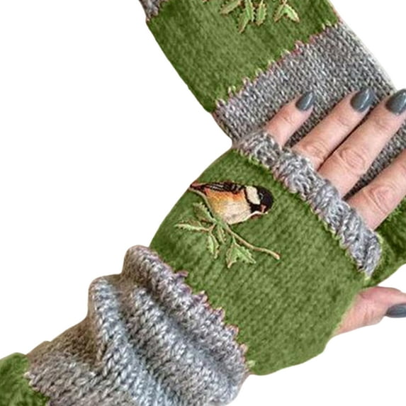 Yesbay Women Autumn Bird Embroidered Gloves Knit Fingerless Color Block Mitten