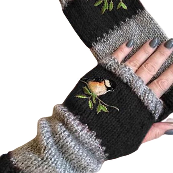 Yesbay Women Autumn Bird Embroidered Gloves Knit Fingerless Color Block Mitten
