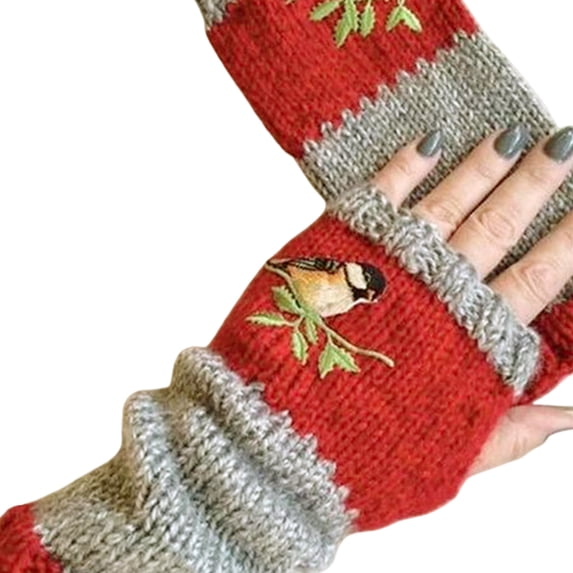 Yesbay Women Autumn Bird Embroidered Gloves Knit Fingerless Color Block Mitten