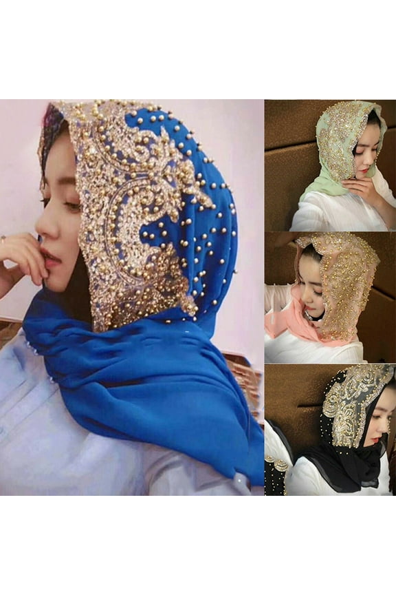 Women Bead Decor Islam Muslim Ramadan Hijab Wrap Shawl Scarf Accessory,Head Scarf Blue