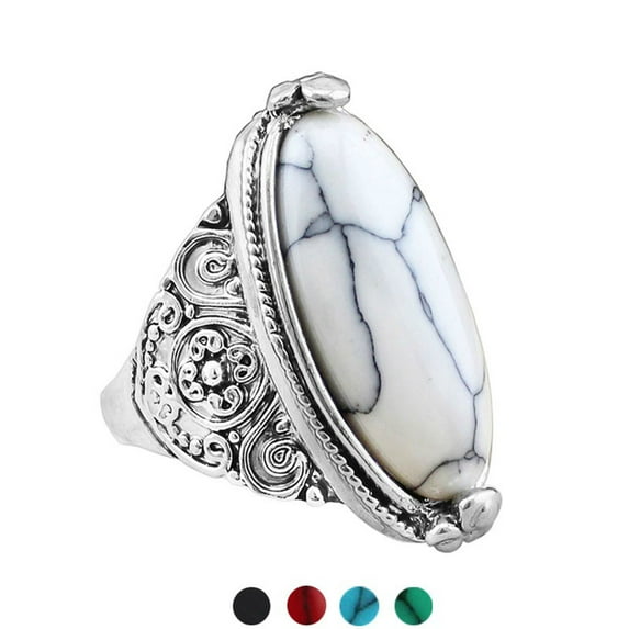 Yesbay Women Boho Vintage Oval Turquoise Antique Silver Plated Carving Ring Jewelry