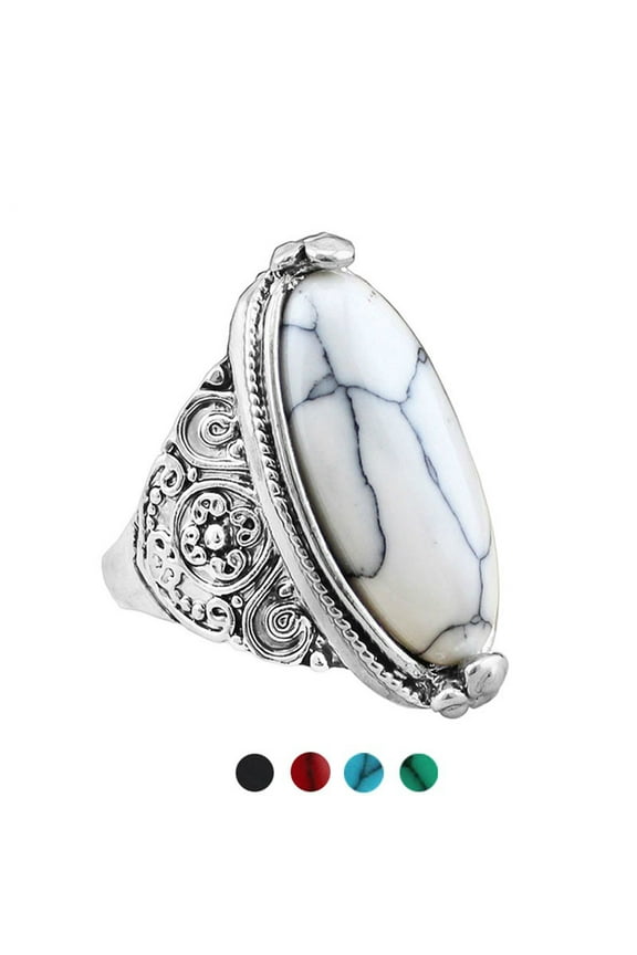 Women Boho Vintage Oval Turquoise Antique Silver Plated Carving Ring Jewelry