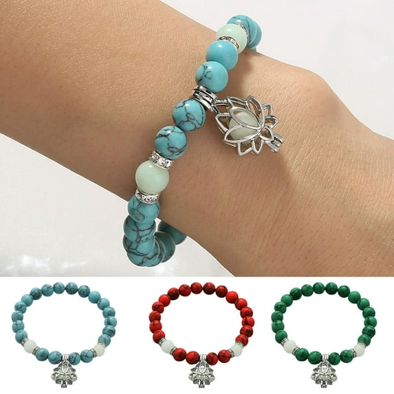 Yesbay Women Bracelet Charm,Faux Turquoises Luminous Floral Jewelry Elastic Beads Bangle Jewellery Gift, Yoga Prayer Beads