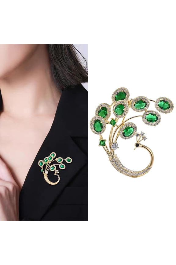 Women Brooch Peacock Shape Faux Emerald Retro Anti-slip Shoulder Bag Suit Coat Collar Hat Clothes Anti-exposure Pin Party Prom Bride Wedding Garment Jewelry