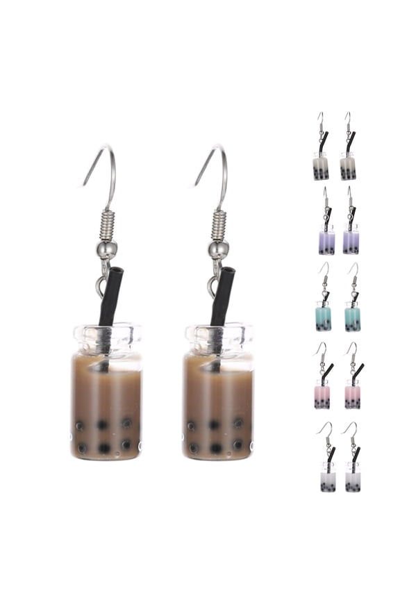 Women Bubble Tea Drink Dangle Long Ear Hooks Earrings Jewelry Decor-Pink