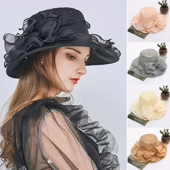 Yesbay Women Church Cap Lace Bow Temperament Foldable Flat Top Sun Hat for Wedding