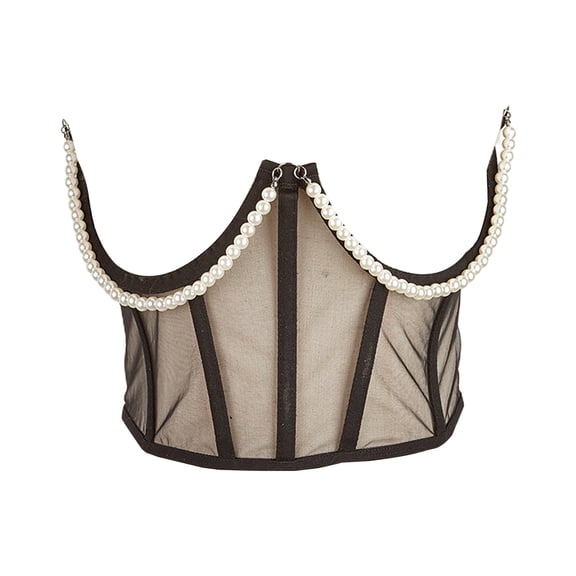 Yesbay Women Corset See Through Slim Faux Pearl Decor Adjustable Mesh Match Clothes Lace Up Hollow Out Waist Cincher Corset Clothes Accessory