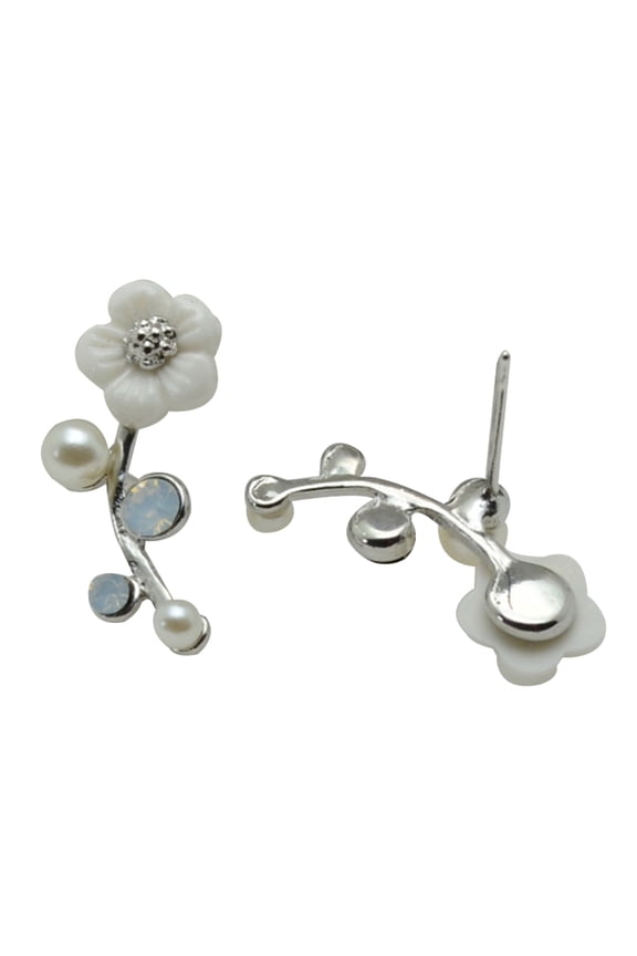 Women Earrings Party Jewelry Flower Faux Pearl Shiny Rhinestone Ear Studs-Silver