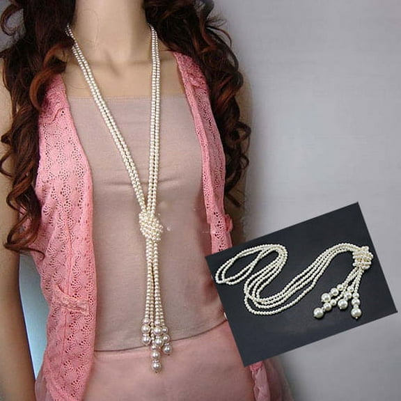 Yesbay Women Elegant Faux Pearl Tassel Pendant Long Chain Charms Sweater Necklace
