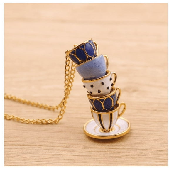 Yesbay Women Fashion Hand Painted Enamel Teacup Pendant Necklace Long Chain Jewelry,Necklace