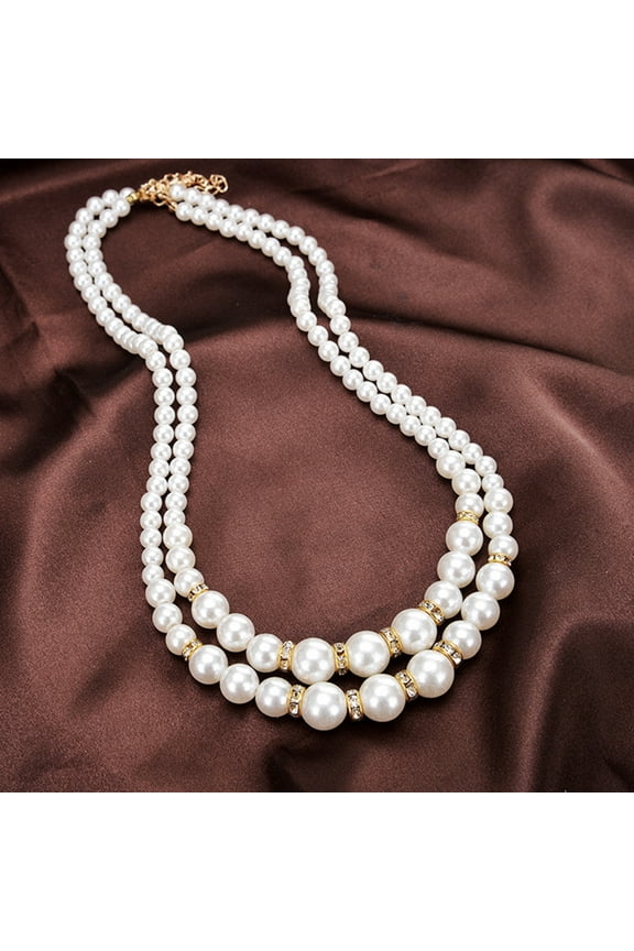 Women Faux Pearl Beads Rhinestone Inlaid Double Layer Necklace Jewelry-Silver