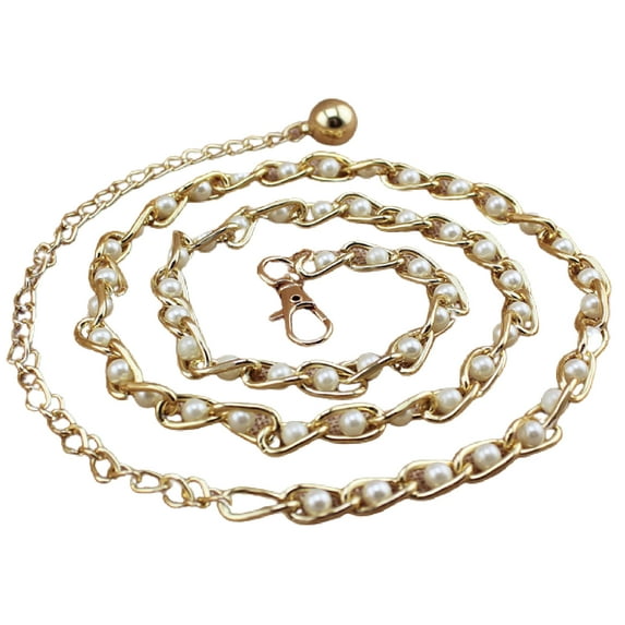 Yesbay Women Faux Pearl Metal Thin Waist Chain Belt Bead Tie Waistband Strap