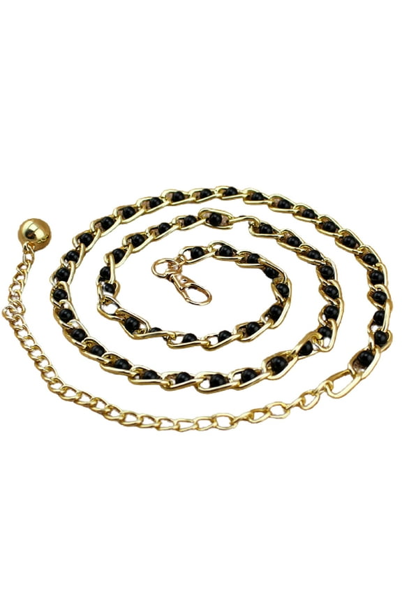 Women Faux Pearl Metal Thin Waist Chain Belt Bead Tie Waistband Strap