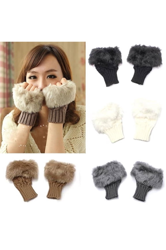 Women Faux Rabbit Fur Hand Wrist Warmer Winter Fingerless Knitted Gloves-Black