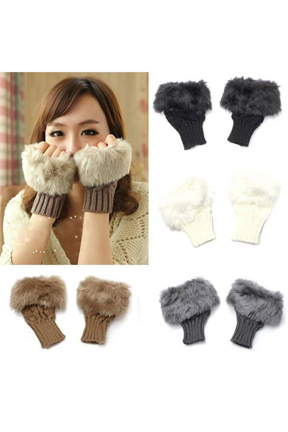 Women Faux Rabbit Fur Hand Wrist Warmer Winter Fingerless Knitted Gloves-White