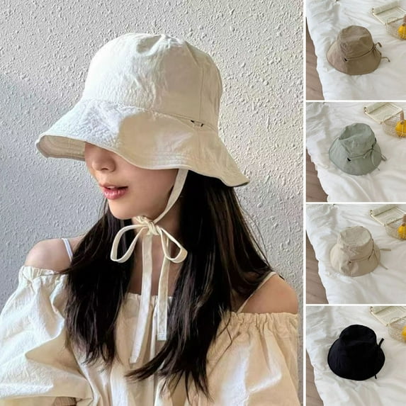 Yesbay Women Fisherman Hat Lace Up Windproof Fixed Strap Wide Brim Sunshade Anti-UV Flat Top Soft Breathable Foldable Basin Hat Lady Summer Cap