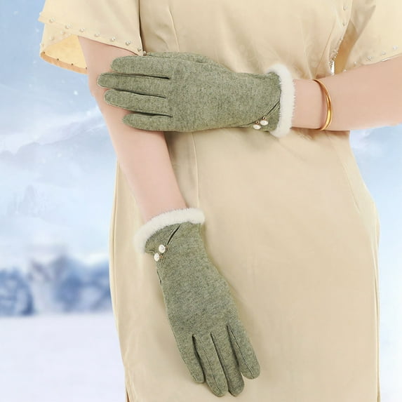 Yesbay Women Gloves Touch Screen Windproof Warm Gloves Thermal Knitted Gloves with Fluffy Fur Trim