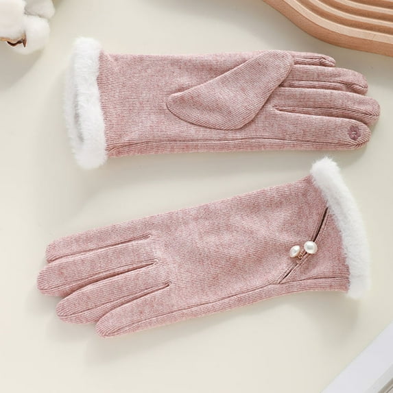 Yesbay Women Gloves Touch Screen Windproof Warm Gloves Thermal Knitted Gloves with Fluffy Fur Trim
