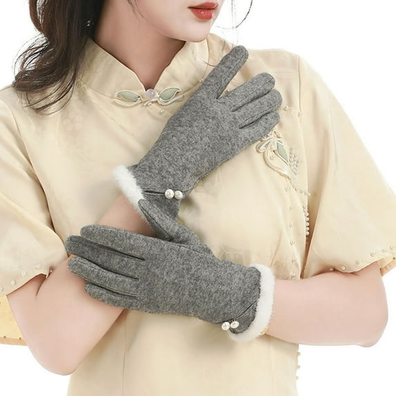 Yesbay Women Gloves Touch Screen Windproof Warm Gloves Thermal Knitted Gloves with Fluffy Fur Trim