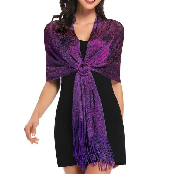 Yesbay Women Gown Shawl with Tassel Fringe Metallic Thread Decoration Evening Dresses Women Wraps with Buckle Wedding Party Wear