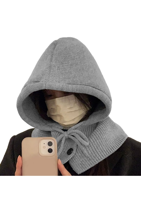 Women Hat Scarf Set Balaclava Hat with Drawstring Slouchy Warm Hooded Scarf Knitted Pullover Hat Costume Accessories