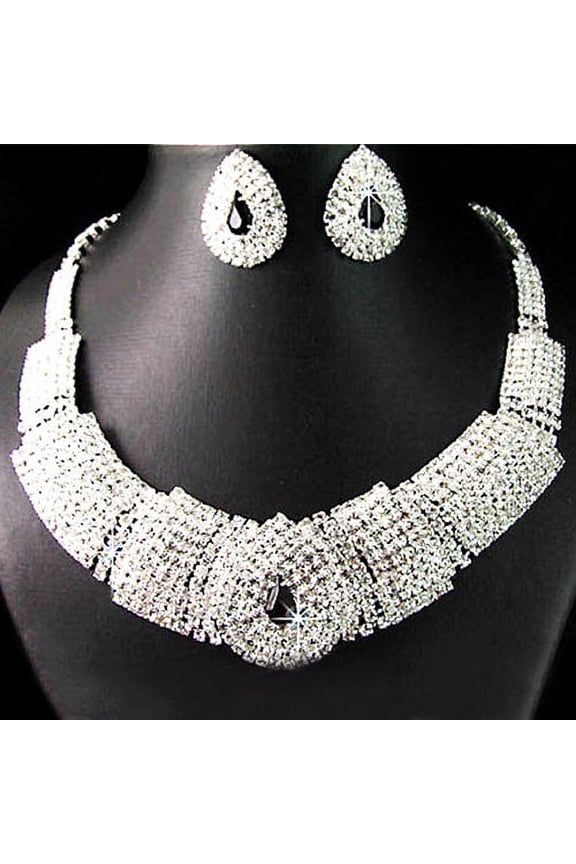 Women Lady Rhinestone Collar Rhinestone Statement Bib Necklace Earrings Set,Jewelry Set