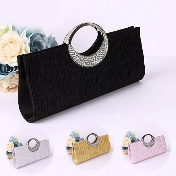 Yesbay Women Luxury Rhinestone Satin Pleated Evening Bag Party Clutch Purse Handbag,Black