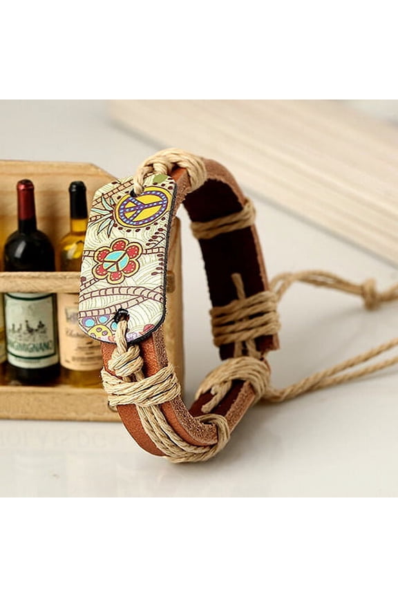 Women Men Vintage Punk Style Pyrograph Peace Sign Charm Infinity Bangle Bracelet-