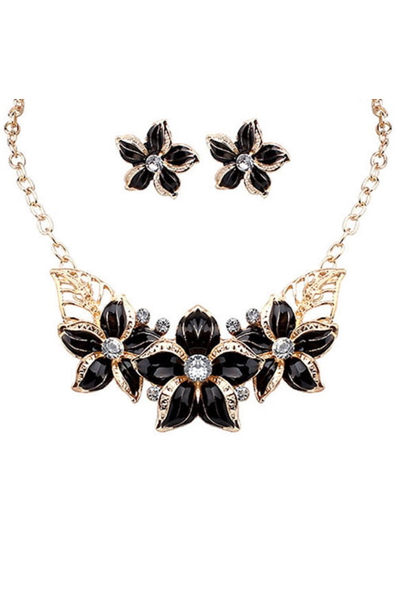 Women Rhinestone Flower Statement Pendant Necklace Earrings Jewelry Set-Black