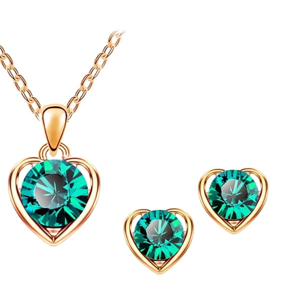 Yesbay Women Rhinestone Heart Pendant Necklace Chain Stud Earrings Party Jewelry Set,Golden + Green