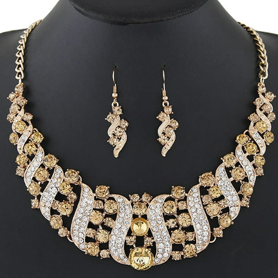 Yesbay Women Rhinestone Spiral Bib Necklace Hook Earrings Statement Party Jewelry Set-Champagne