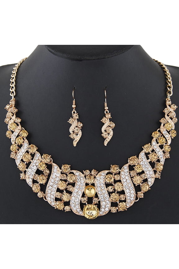 Women Rhinestone Spiral Bib Necklace Hook Earrings Statement Party Jewelry Set-Champagne