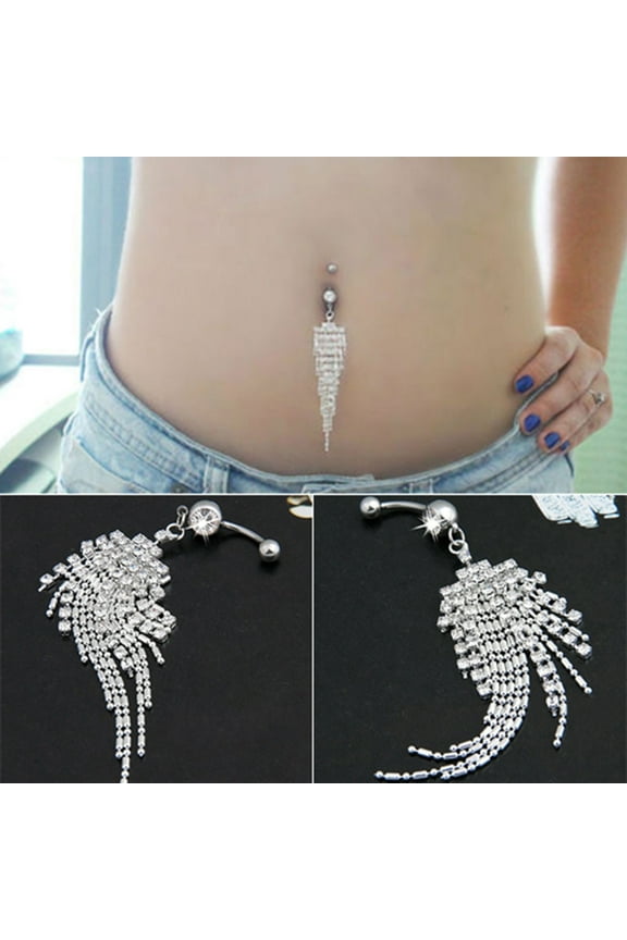 Women Rhinestone Tassel Long Chain Dangle Navel Bar Button Belly Ring Jewelry-
