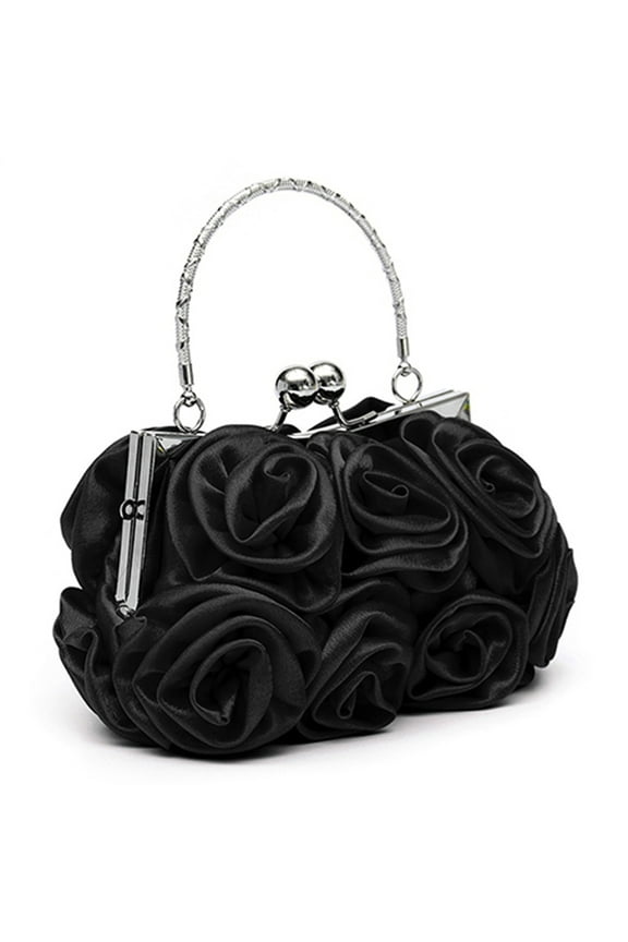 Women Rose Flower Pattern Faux Silk Handbag Bridal Clutch Bag for Wedding Evening Party,Black