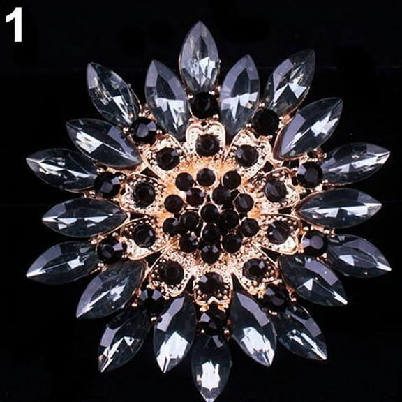 Yesbay Women Shiny Alloy Rhinestone Flower Wedding Bridal Bouquet Brooch Pin-Black